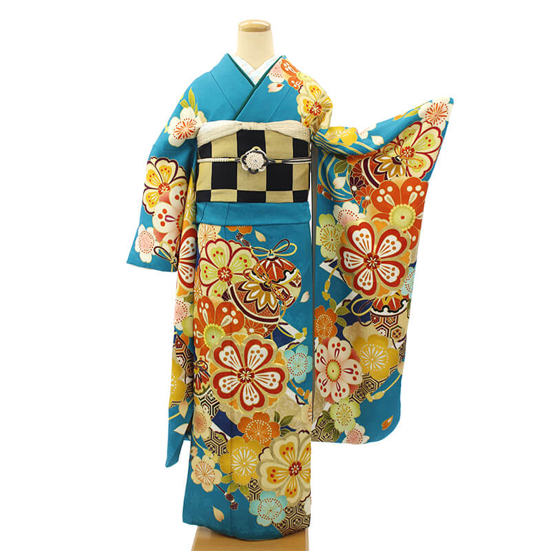 振袖 レンタル セット 水色 オレンジ 成人式 前撮り