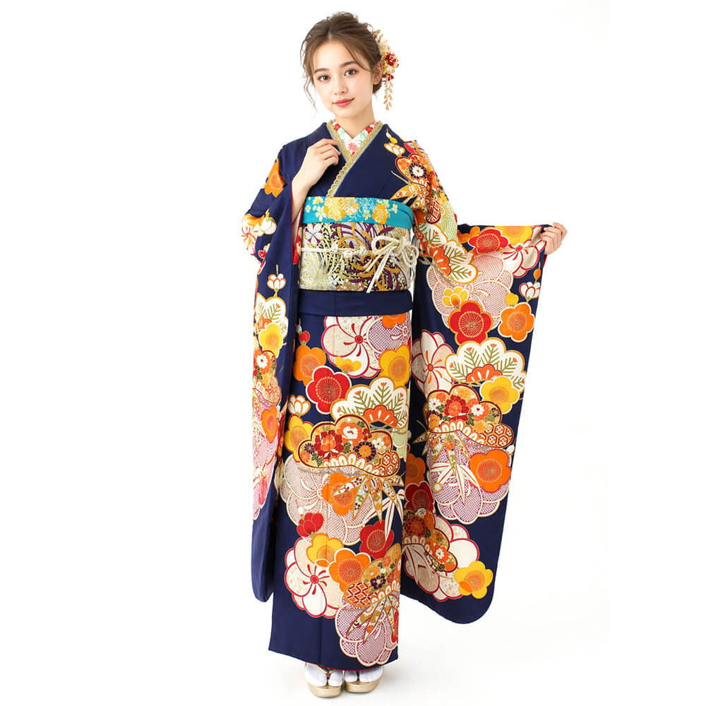 振袖レンタル｜成人式｜振袖 紺 松竹梅 ねじり梅｜7010-00053｜着物