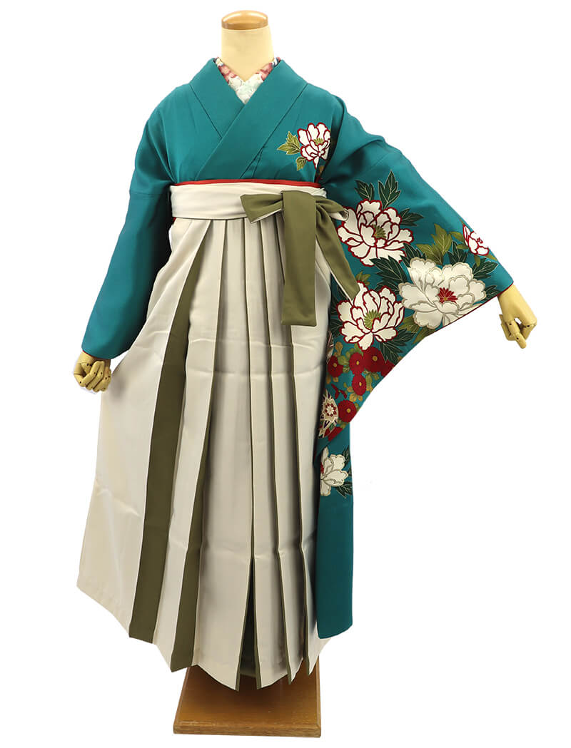 袴 レンタル｜卒業式 袴 振袖｜青緑 オフ×カーキ 切替袴｜7014-00019