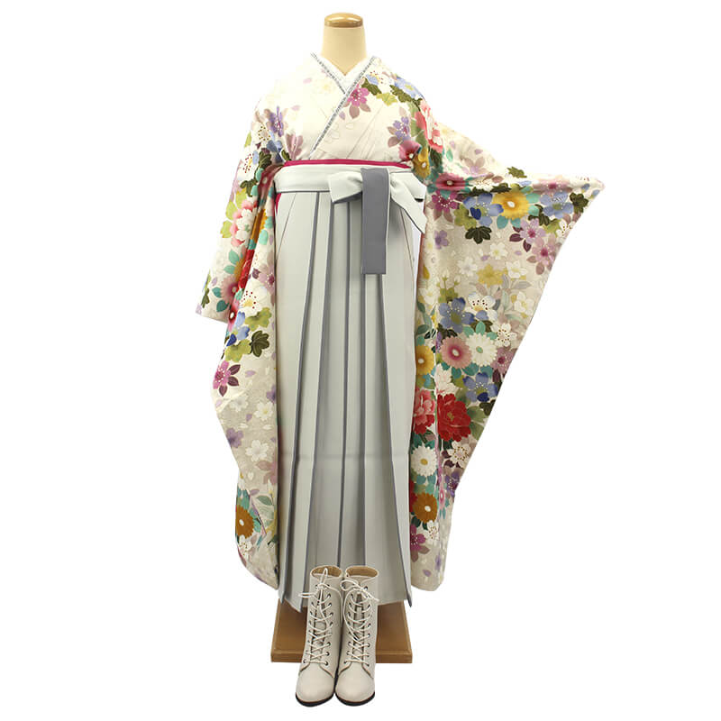 レンタル 振袖 袴 セット Lサイズ 紐下95 白 花柄 卒業式