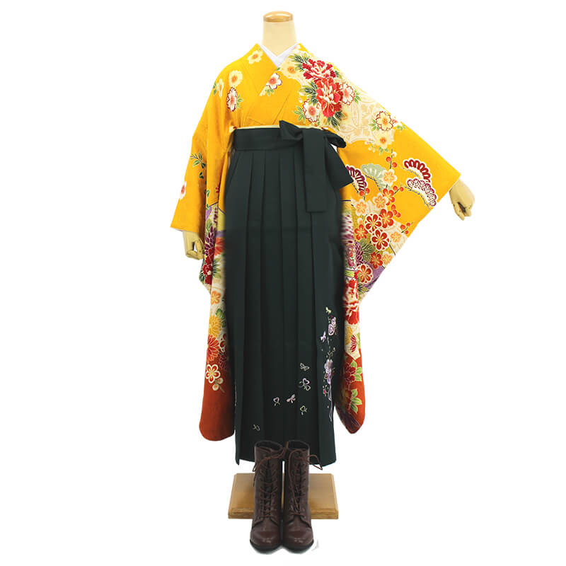 レンタル 振袖 袴 セット 黄色 深緑 刺繍袴 卒業式