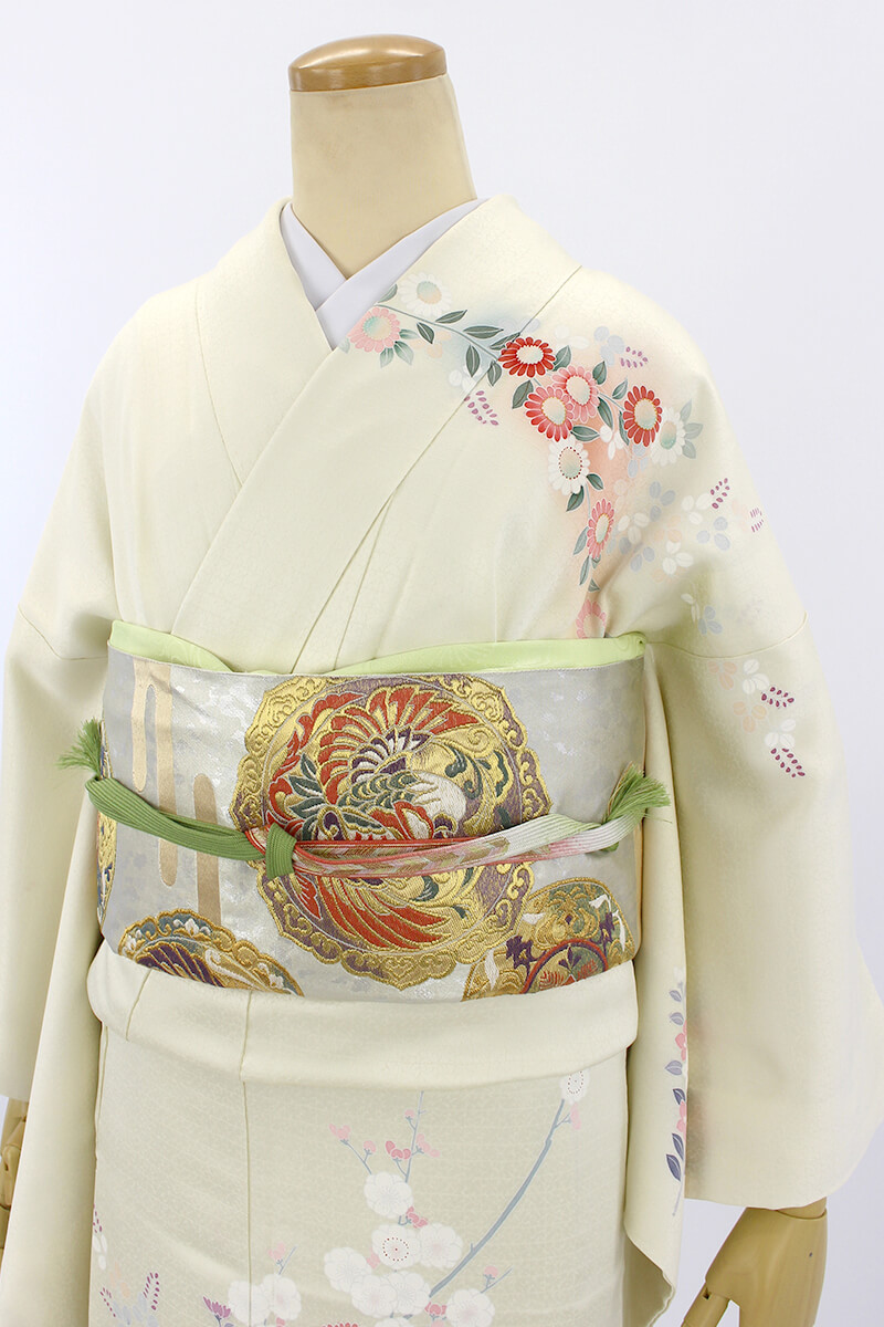 訪問着フルセット　着物　正絹　アイスホワイト　雪輪　七五三 正絹訪問着 レンタルフルセット「総柄汕頭刺繍 雪輪に小花