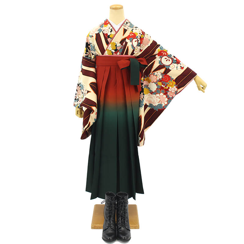 レンタル 二尺袖 袴 セット 緑 朱 グラデーション Mサイズ 紐下92 古典 卒業式 小学生