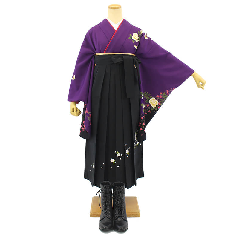 袴 レンタル｜卒業式 袴 二尺袖｜紫 バラ × 黒 刺繍袴｜7114-00044