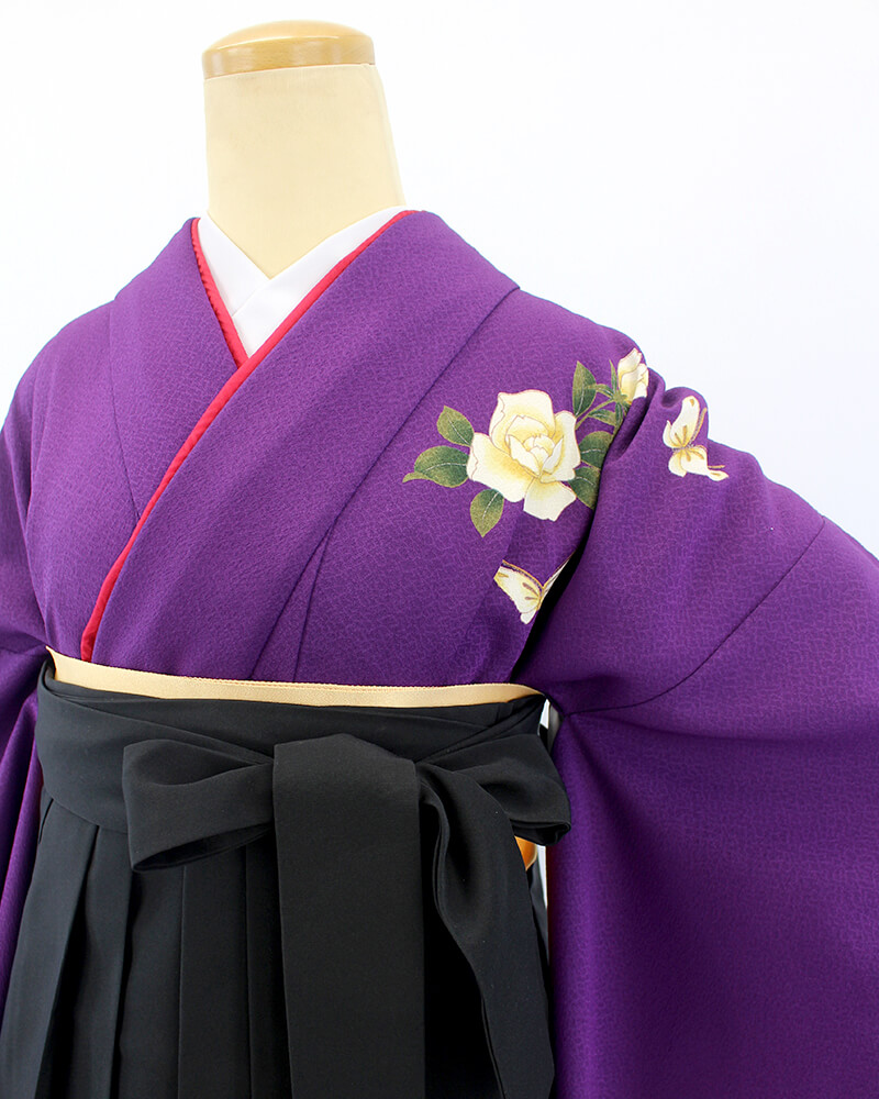 袴 レンタル｜卒業式 袴 二尺袖｜紫 バラ × 黒 刺繍袴｜7114-00044