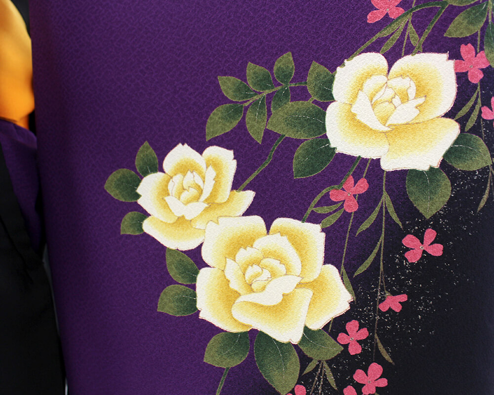 袴 レンタル｜卒業式 袴 二尺袖｜紫 バラ × 黒 刺繍袴｜7114-00044 