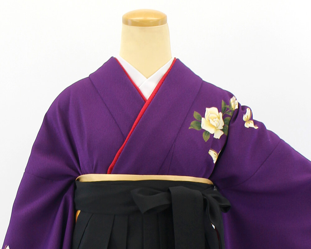 袴 レンタル｜卒業式 袴 二尺袖｜紫 バラ × 黒 刺繍袴｜7114-00044