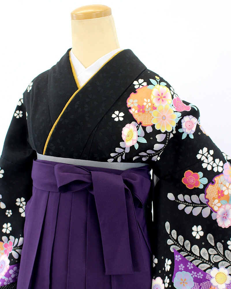 袴 レンタル｜卒業式 袴 二尺袖｜黒 雪輪 × 紫 刺繍袴｜7114